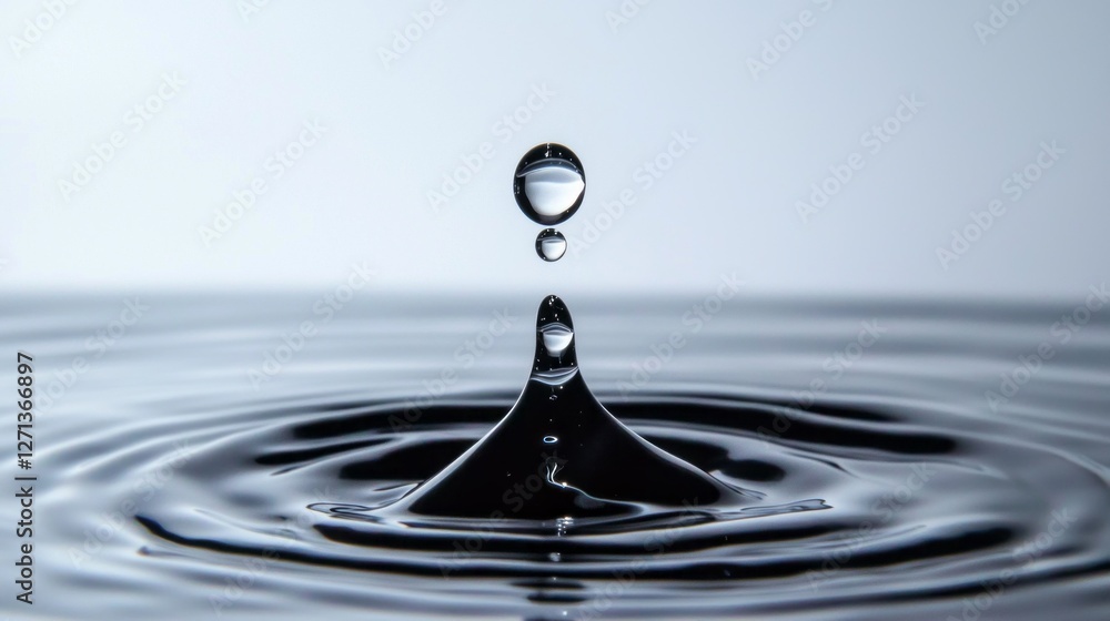 Poster a stunning water drop hovers above a smooth, white background, poised to create mesmerizing ripples 