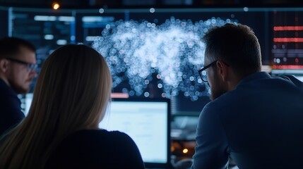 Team of diverse professionals analyzing data visualizations on large screens in office : Generative AI