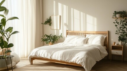 Cozy Scandinavian Bedroom with Wooden Bed and Soft Neutral Tones
