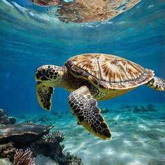 Obraz premium Graceful green sea turtle swimming in vibrant blue tropical ocean