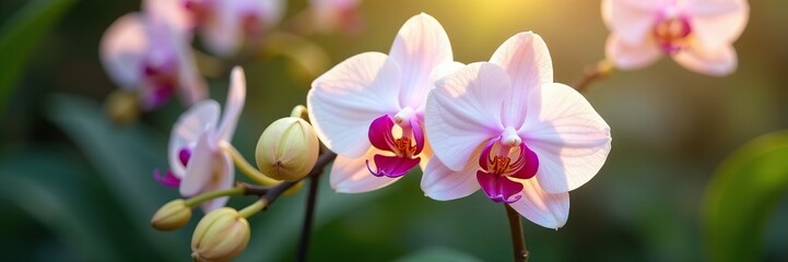 Obraz premium Exotic orchids with delicate petals in shades of white and pastel pink, golden accents, garden, elegant orchids