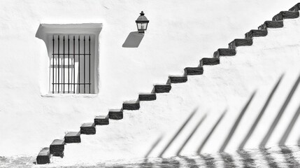 Staircase shadows creating abstract geometric patterns in monochrome