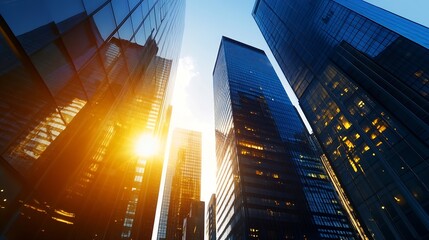 Skyscrapers reflecting golden sunlight at sunset creating a stunning urban skyline filled with modern architecture : Generative AI