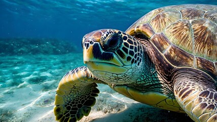 Graceful green sea turtle swimming in vibrant blue tropical ocean