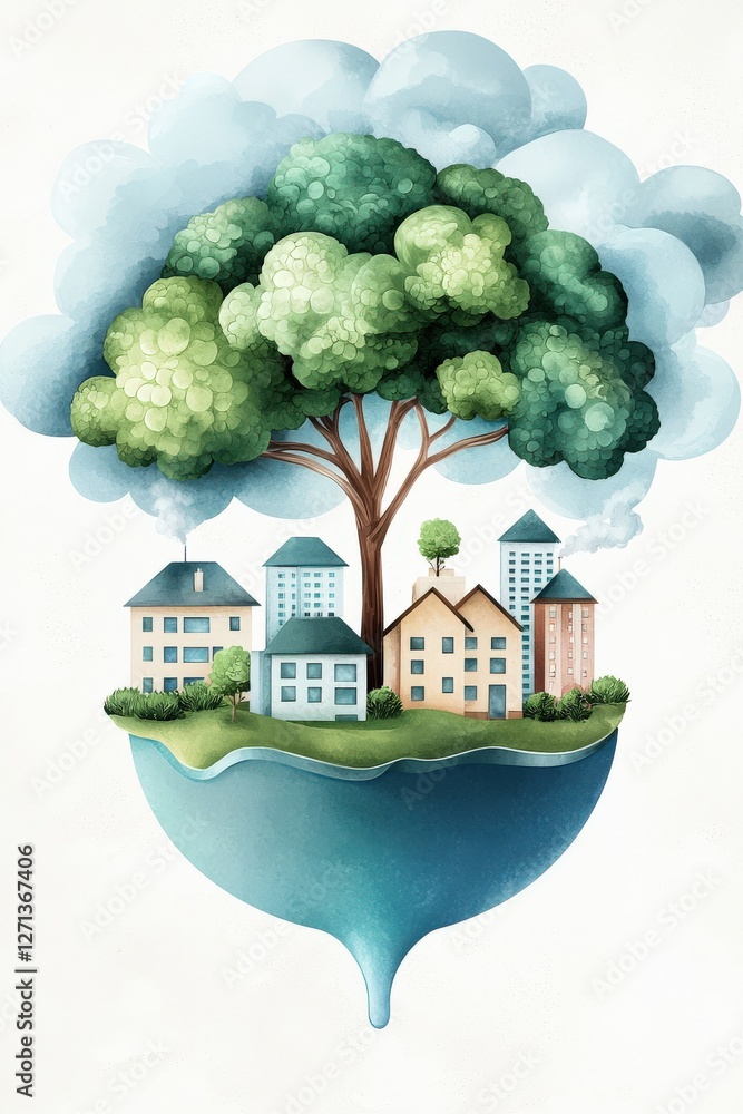 Poster a unique scene where a tree is floating in the middle of a blue ocean, surrounded by a city and hous