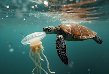  Sea Turtle Approaching a Plastic-Like Jellyfish
