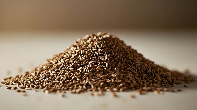 A large pile of cumin seeds scattered on a flat surface, with their earthy brown tones and elongated shapes clearly visible.