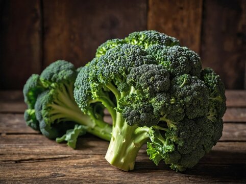 A fresh, vibrant green broccoli sits at the center of a rustic wooden surface.