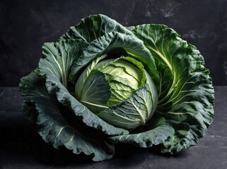 Obraz premium A fresh green cabbage rests on a cool, matte slate stone surface.