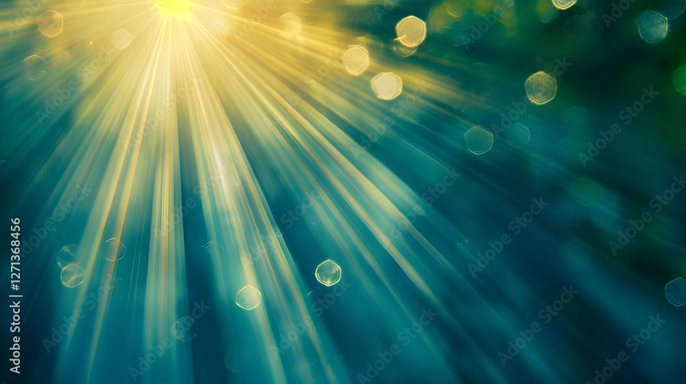Poster sunlight rays filtering through a serene forest, creating a magical atmosphere with bokeh