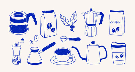 Hand draw coffee tooll collection. Set of coffee utensils outline thin line graphics.Coffee machine, hario, utensils, french press, moka, cup, kettle icon.