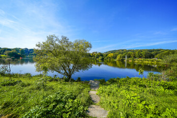 View of Lake Kemnader and the surrounding green nature in the Ruhr area. Landscape at the Ruhr...