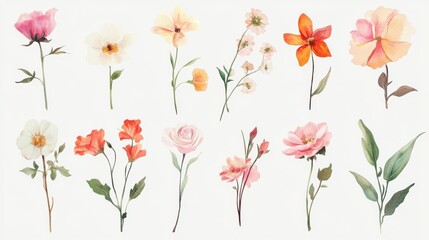 watercolor flowers set featuring hand-painted abstract botanical illustrations. This bundle showcases a variety of delicate floral designs, each rendered with artistic flair, isolated against a clean