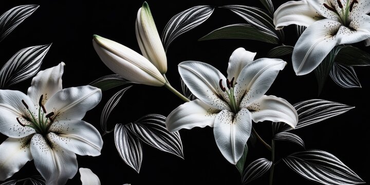 A monochrome still life photograph showcasing a vase with white lilies and fern leaves.