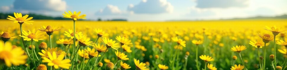 Field of golden chamomile flowers stretching far and wide, landscape, field, yellow