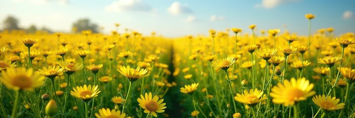 Fototapeta premium Field of golden chamomile flowers stretching far and wide, field, chamomile