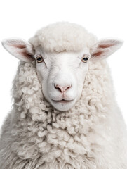 Obraz premium A fluffy white sheep with a thick, curly wool coat gazes directly forward, its ears slightly perked against a black background.