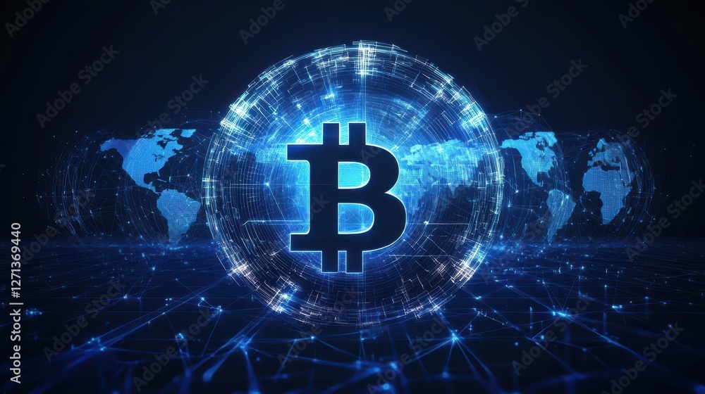 Poster blockchain technology futuristic hud background with world globe and blockchain polygon peer to peer