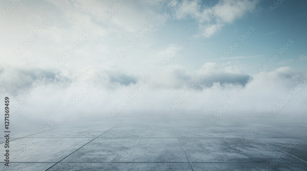 Poster creative background with concrete ground and foggy clouds and mock up place. landing page concept