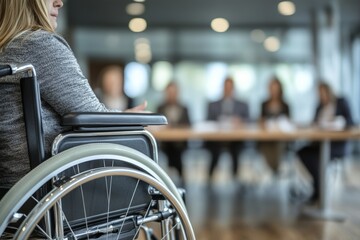 Obraz premium woman in a wheelchair joining her coworkers at a roundtable discussion, contributing valuable insights, minimal background with copy space