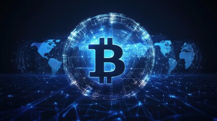 Blockchain technology futuristic hud background with world globe and blockchain polygon peer to peer network. Global cryptocurrency fintech business banner concept. Low poly design. Horizontal layout