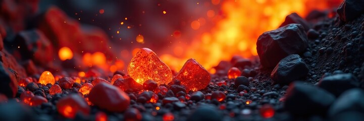 Fiery orange blaze consuming red glass pebbles, volcanic eruption, intense heat waves