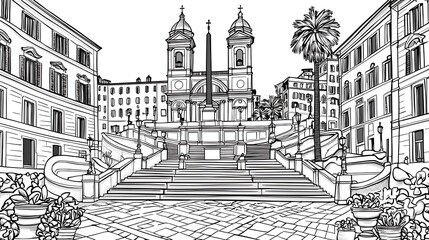 Obraz premium Black and white sketch of Spanish Steps in Rome with buildings and a church in the background