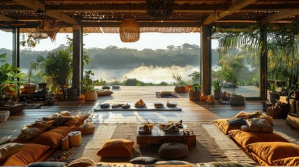 Sunrise yoga retreat, misty river view, tranquil setting, wellness