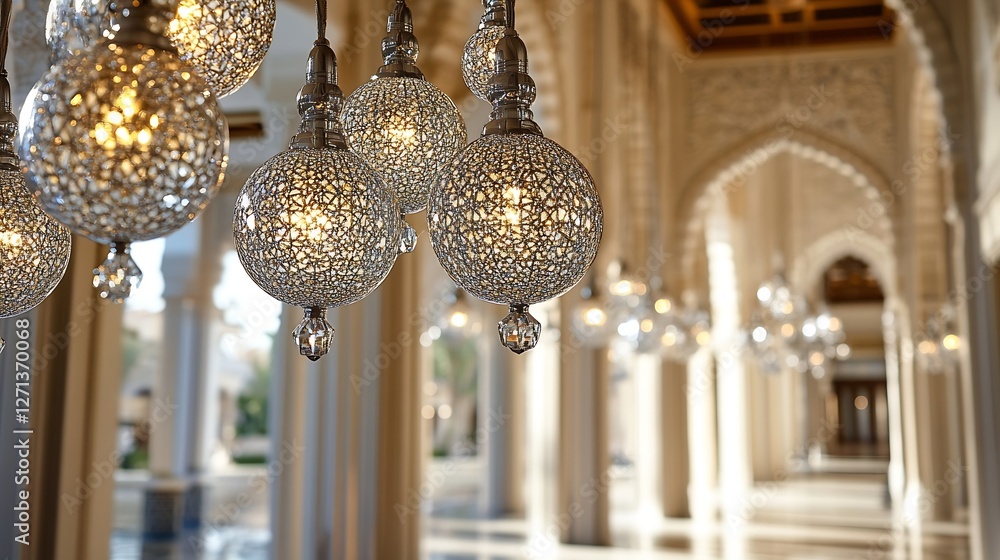Poster intricate glass lanterns illuminating an opulent corridor with rich architectural details : generati