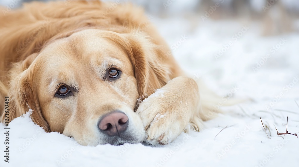 Poster golden retriever dog lying peacefully in soft snow with a beautiful winter landscape in the backgrou