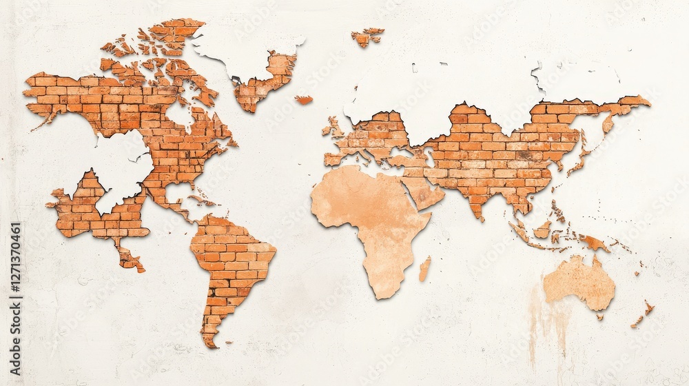 Aufkleber a world map made of bricks. the map is brown and white. the map is broken up into sections
