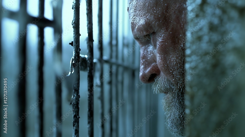 Poster dramatic closeup of a man in distress behind bars suggesting themes of confinement and emotional str