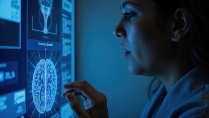 Female doctor analyzing futuristic holographic medical data in a high-tech environment
