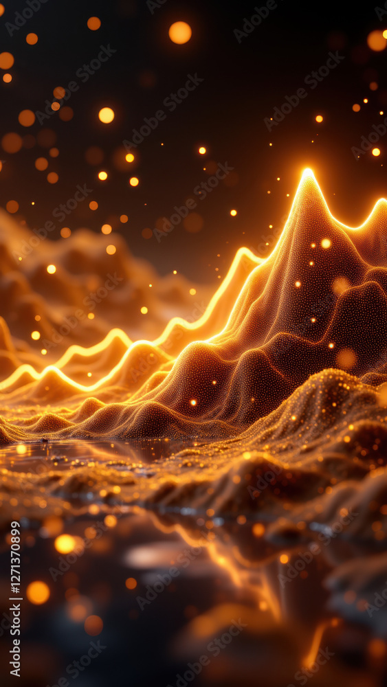 Poster a dynamic digital representation symbolizing financial growth with glowing waves and sparkles agains