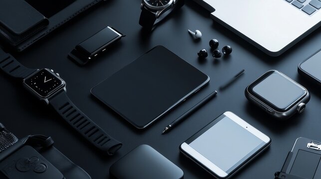 Various electronic devices and accessories arranged on a sleek dark surface, showcasing modern technology with copy space