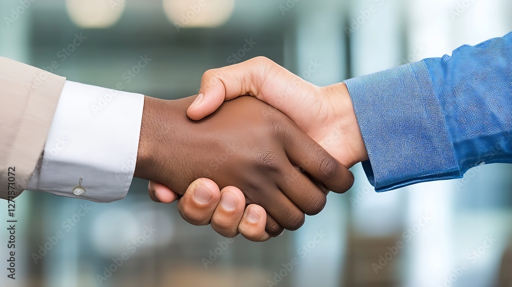 Poster diverse hands shaking in a professional business setting signifying agreement and collaboration : ge