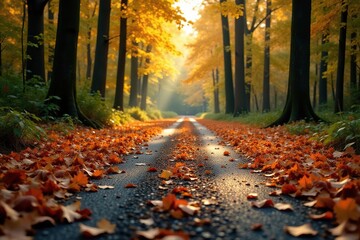 Forest floor covered in fallen leaves and twigs on asphalt road, forest, autumn