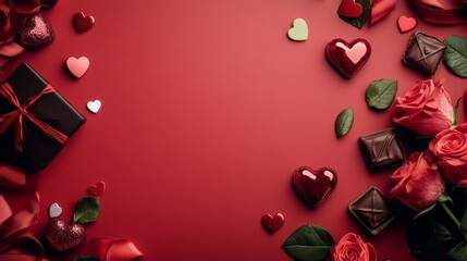 Heart-shaped decorations, roses, gift box, and chocolates arranged on vibrant red background. Copy space for Valentine's Day concept