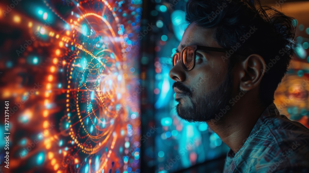Poster A young man observes captivating digital art and light patterns on multiple screens, surrounded by a lively atmosphere that enhances his curiosity and fascination.
