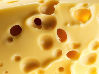 Close-up of Swiss cheese with holes. Bold and detailed texture.