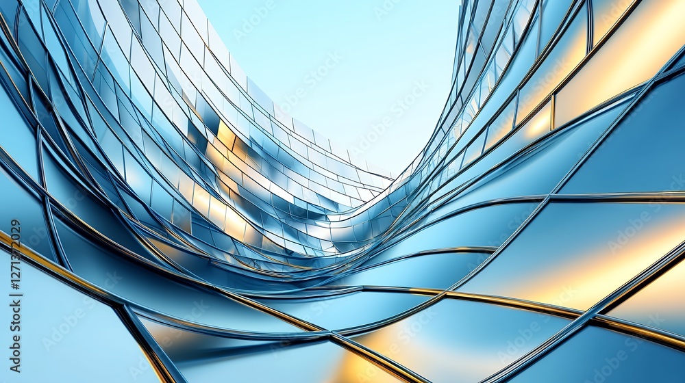 Poster modern abstract 3d rendering with metallic blue surface and gold lines design