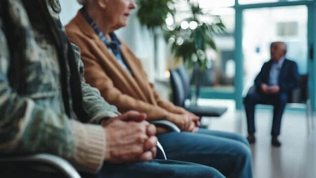 A thoughtful close-up of elderly individuals sitting in a waiting room, hands clasped, evoking themes of aging, healthcare, patience, and companionship. The blurred background emphasizes the quiet