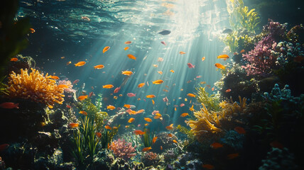 Obraz premium vibrant coral reef filled with colorful fish and lush marine life, showcasing beauty of underwater ecosystems