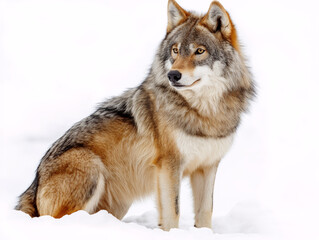 Obraz premium A majestic gray wolf with piercing amber eyes stands against a black background, showcasing its thick fur and strong stance.