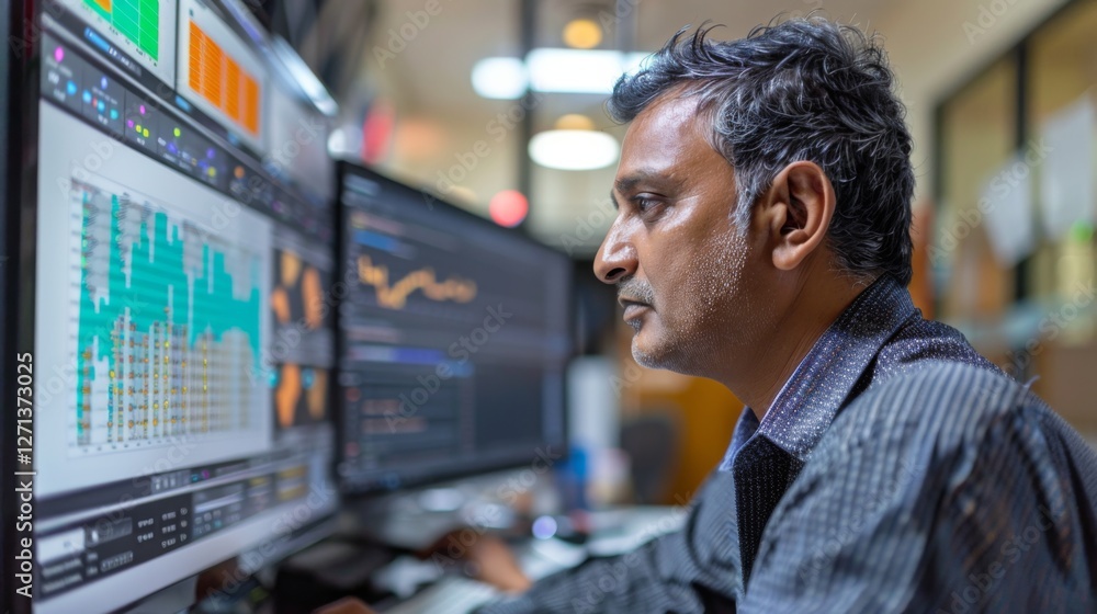 Poster Focused individual reviews complex data visualizations on two computer monitors in an office setting, showcasing analytical skills and attention to detail.