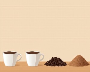 Two white coffee cups sitting on a wooden table, with a pile of coffee beans and sugar in front of t