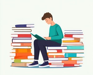 A young man reading a book surrounded by piles of colorful books, representing a world of knowledge and imagination.