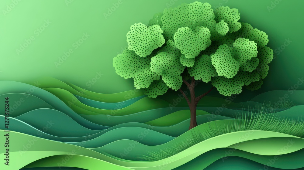 Poster abstract green background with a tree and waves for the world environment day concept in a paper-cut