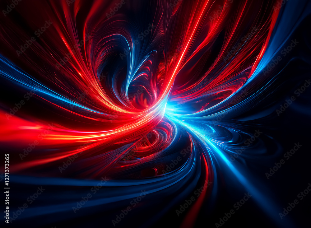 Poster dynamic abstract image showcases swirling red and blue lines on a dark backdrop. energy and movement