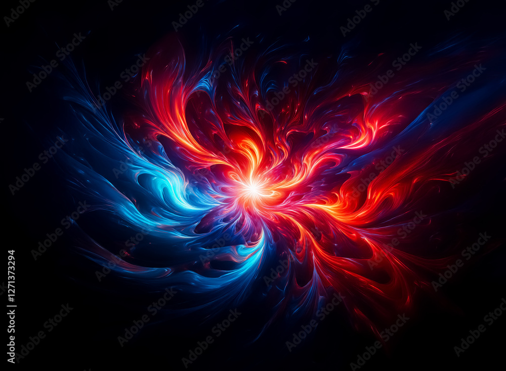 Poster abstract fractal art featuring vibrant red and blue hues swirling and emanating from a central brigh